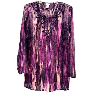 Chico’s Size 2 (US 12) Purple & Black Sheer Long Sleeve Embellished Tunic